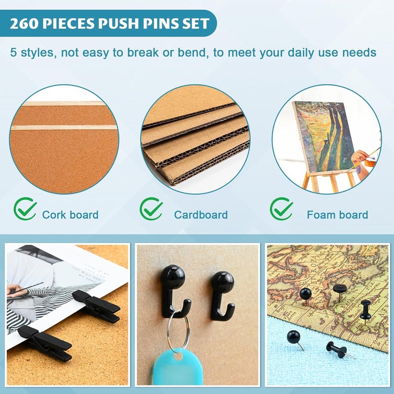 koorito 260 Pcs Push Pins Set 5 Styles Black Thumb Tacks Cute Push Pins for Bulletin Board, Cork Board - Image 4
